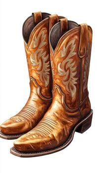 Stylish leather cowboy boots on display with intricate stitching and a polished finish in a well-lit space photo