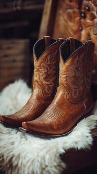 Stylish brown cowboy boots with intricate designs resting on a fluffy white rug in a rustic setting photo