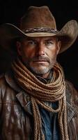 Strong cowboy portrait with rugged leather jacket and rope in rustic setting photo