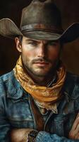 Handsome cowboy with a rustic look wearing a hat and scarf in a warm, textured setting photo