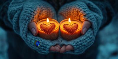 Holding two heart-shaped candles glowing warmly in cozy hands against a blue winter backdrop in a serene outdoor setting photo