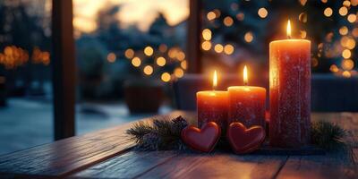 Warm candlelight creates a cozy atmosphere with hearts and soft bokeh lights at dusk photo