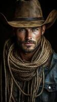 Cowboy portrait with rugged features and textured clothing presents traditional Western style in dramatic lighting photo