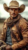 Rustic cowboy in leather attire stands confidently in a wide-open landscape during a cloudy day photo