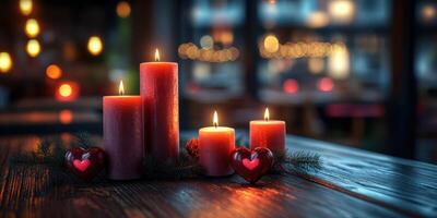 Romantic candle arrangement enhances cozy ambiance in a dimly lit restaurant during an intimate dinner photo