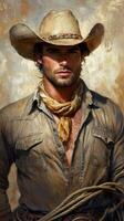 Determined cowboy stands confidently with a rope, showcasing rugged charm in a desert background during golden hour photo