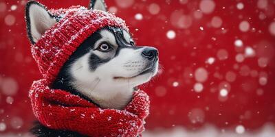 Husky in a red knitted hat and scarf enjoying a snowy day with a festive backdrop photo