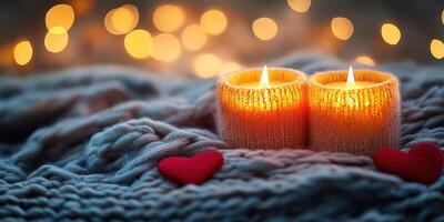 Cozy atmosphere with glowing candles and soft hearts on a knitted blanket during a relaxed evening photo