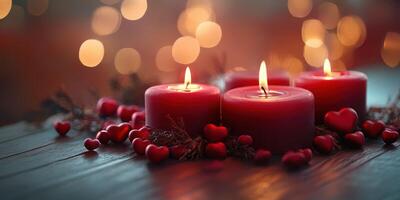 Romantic candles and heart-shaped decorations create a cozy atmosphere for a special evening photo
