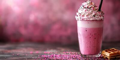 Creamy pink milkshake topped with whipped cream and sprinkles beside a waffle photo
