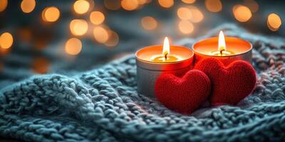Decorative candles and knitted hearts create a cozy atmosphere for romantic evenings in a softly lit space photo
