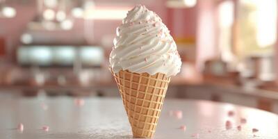 Swirled vanilla ice cream cone topped with sprinkles in a cozy dessert shop setting photo