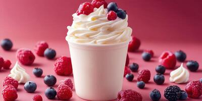 Frosty dessert topped with fresh berries showcases vibrant colors and textures in a delightful serving cup photo