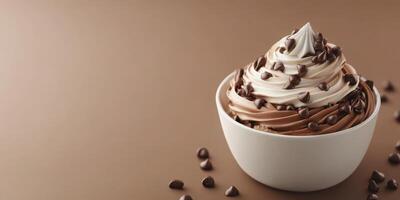 Silky smooth chocolate and vanilla swirled dessert topped with chocolate chips served in a bowl photo