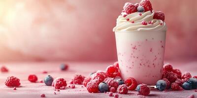 Indulging in a creamy pink dessert topped with fresh raspberries and blueberries during a sunny afternoon photo