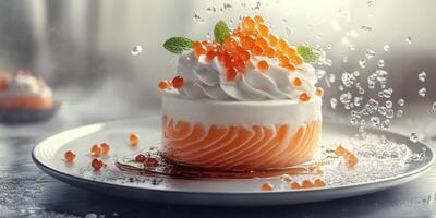 Gourmet dessert displayed with vibrant toppings and a splash of water at a modern culinary setting photo