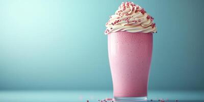 Smooth and creamy pink milkshake topped with whipped cream and sprinkles served in a tall glass against a blue background photo