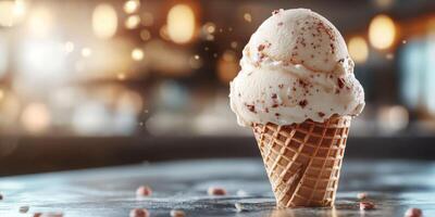 Delicious ice cream cone with nuts served in a cozy cafe setting during afternoon hours photo