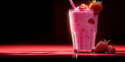 Refreshing strawberry smoothie served in a tall glass with fresh strawberries on a vibrant red background photo