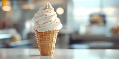 Creamy soft serve ice cream cone served in a waffle cone at a bright, modern creamery during the afternoon photo