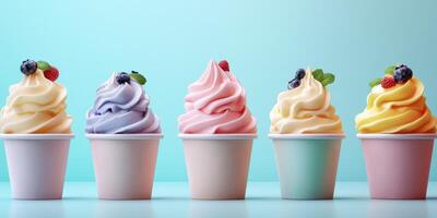 Colorful assortment of soft serve ice cream cups displayed against a bright background in a dessert shop photo