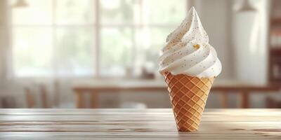 Enjoying a delightful ice cream cone in a cozy cafe setting during the afternoon photo
