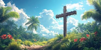 Cross surrounded by lush greenery and vibrant flowers under a bright blue sky with clouds photo