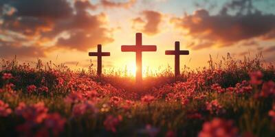 Silhouette of three crosses against a vibrant sunset sky with blooming flowers in the foreground photo