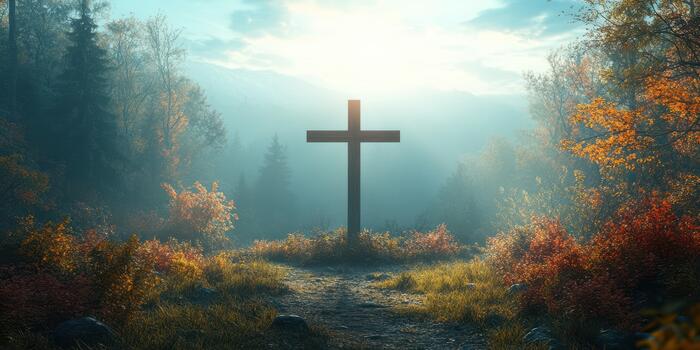 cruzar soportes en sereno bosque paisaje a amanecer, rodeado por vibrante follaje y brumoso montañas en el antecedentes foto