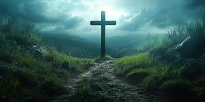 Cross standing in serene landscape at dusk surrounded by mist and nature photo