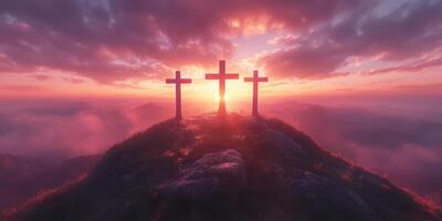 Sunset over three crosses on a hill creating a serene and reflective atmosphere photo