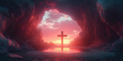 Light shines on a cross inside a cave by the ocean at sunset during a tranquil moment of reflection photo