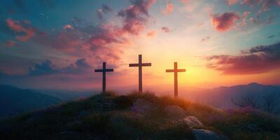 Serenity at sunset with three crosses silhouetted against a colorful sky in a peaceful landscape photo