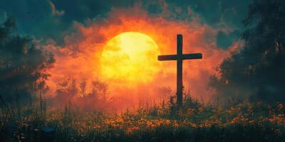Sunset view with cross in a peaceful meadow surrounded by trees and flowers at dusk photo