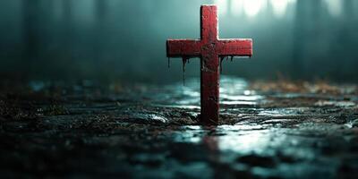 Red cross stands alone in a foggy forest during twilight, creating a haunting atmosphere of reflection and solitude photo