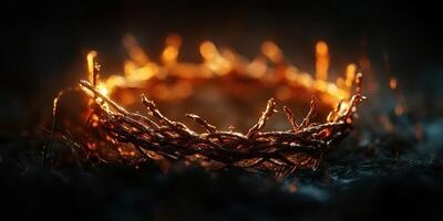 Golden crown made of twigs illuminated by warm light on a dark background, symbolizing royalty and natural beauty photo