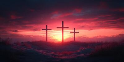 Sunrise over three crosses in a serene landscape with vibrant hues of pink and purple sky photo