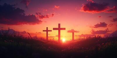 Three crosses silhouetted against a vibrant sunset with dramatic clouds and a serene landscape photo