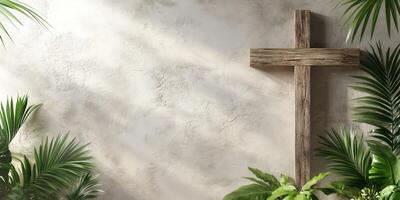 Wooden cross surrounded by lush greenery in a serene and spiritual setting photo
