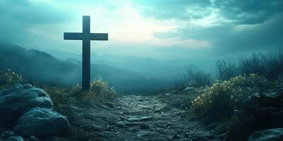 Serene landscape with a wooden cross surrounded by flowers at dusk in a mountain setting photo