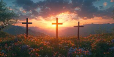 Sunset over a tranquil meadow with three wooden crosses surrounded by vibrant flowers and majestic mountains photo