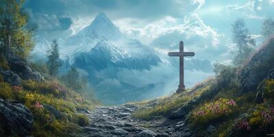 Peaceful mountain landscape with a stone cross and vibrant wildflowers during twilight photo