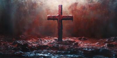 Dark and eerie landscape featuring a blood-stained cross surrounded by a desolate environment at an unknown time photo