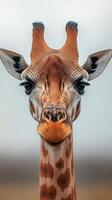 Giraffe close-up showcasing distinctive features under soft natural lighting in the wild photo