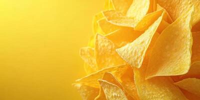 Crunchy corn chips piled against a vibrant yellow background in an appetizing display of texture and color photo