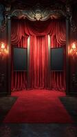 Elegant theater stage with rich red curtains and empty frames in a luxurious setting, perfect for a performance or presentation photo