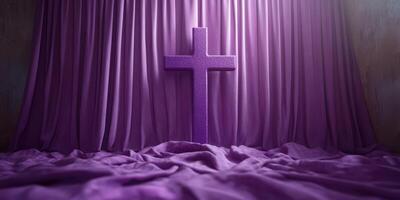 Purple cross displayed against a rich draped fabric in a serene setting for reflection and contemplation photo