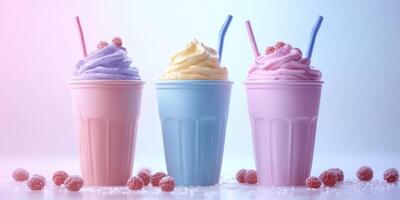 Colorful milkshakes in pastel shades with raspberries on a bright surface photo