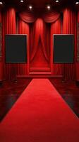 Elegant red carpet entrance at a luxurious venue featuring two large blank displays and rich drapery photo