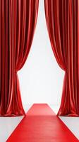 Elegant red curtains reveal a luxurious red carpet in a stylish venue for a special event or celebration photo